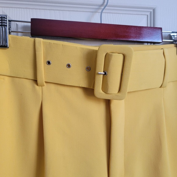 ZARA Yellow High Waisted Belted Trousers Pleated Tailored Cropped Pants Medium - Picture 8 of 13